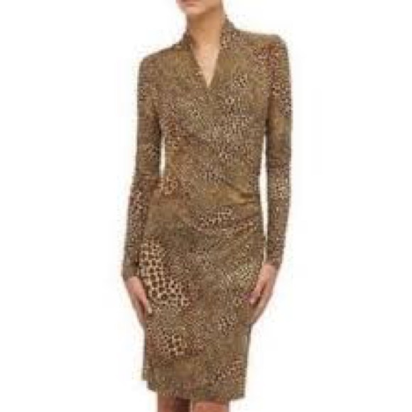 Norma Kamali Dresses & Skirts - Norma Kamali Leopard Print Faux Wrap Dress Ruched Bodycon Long Sleeve M